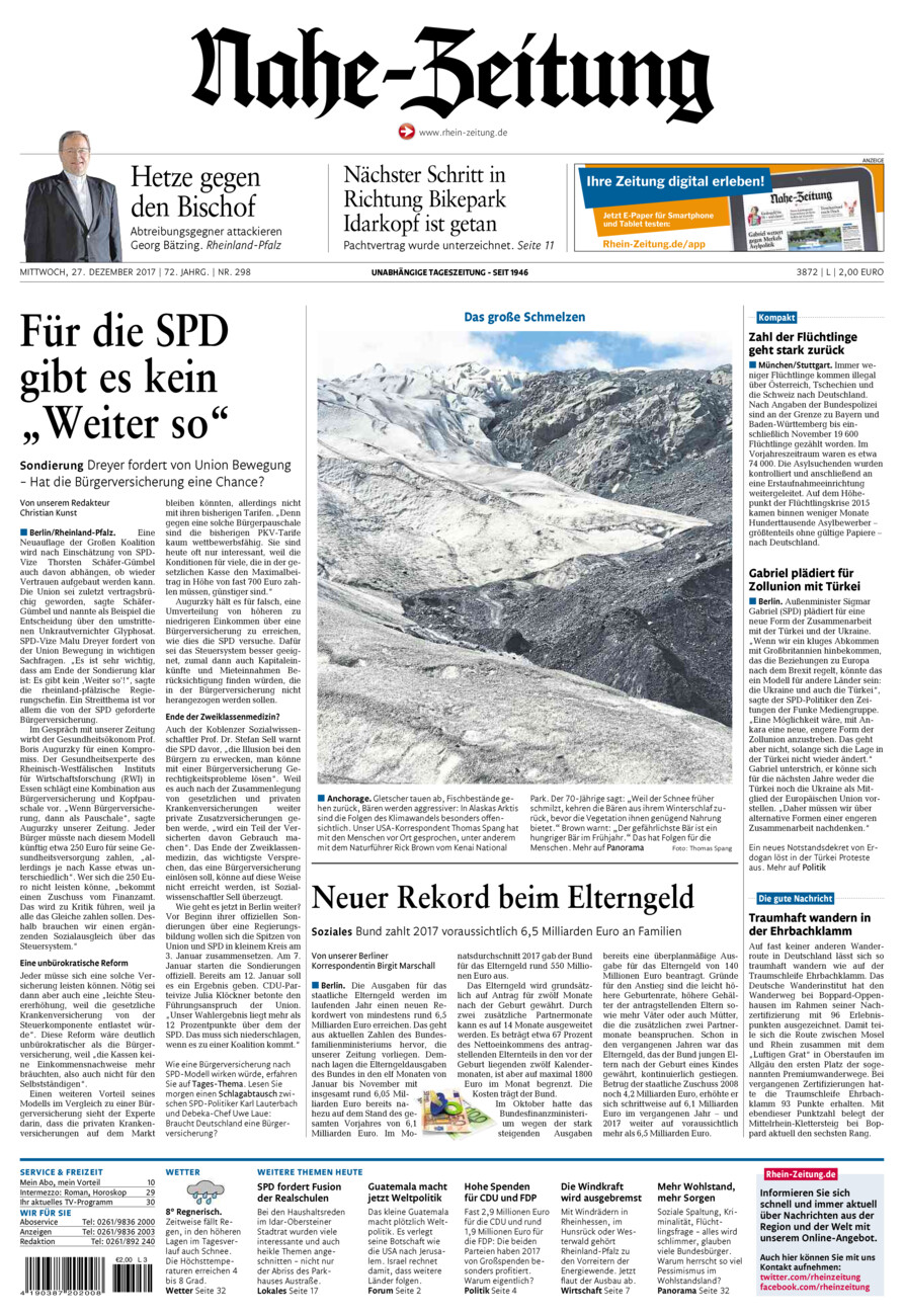 Nahe-Zeitung vom Mittwoch, 27.12.2017