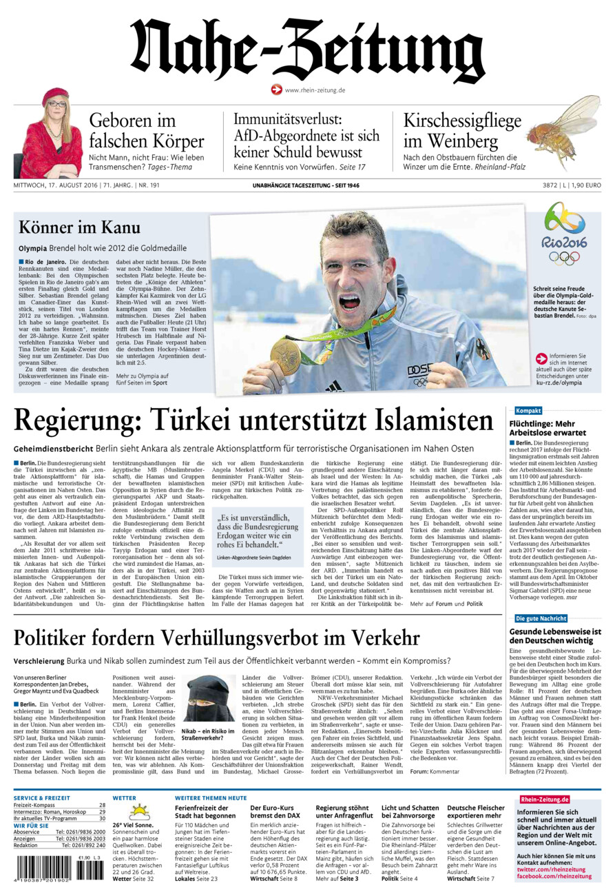 Nahe-Zeitung vom Mittwoch, 17.08.2016