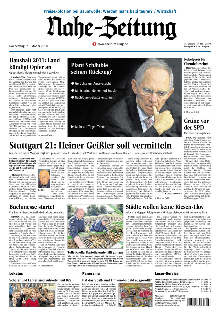 Nahe-Zeitung vom Donnerstag, 07.10.2010