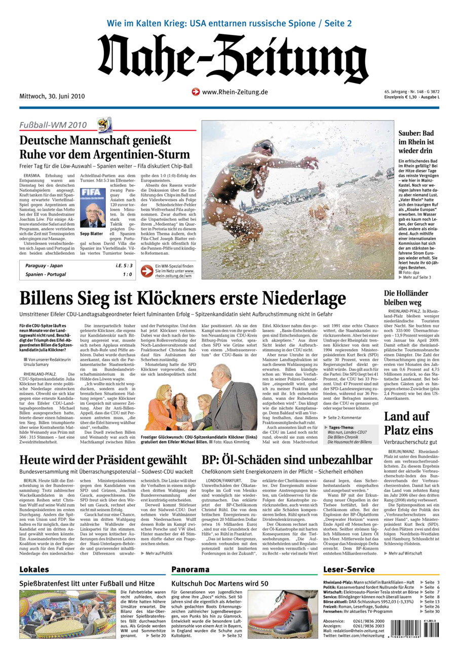 Nahe-Zeitung vom Mittwoch, 30.06.2010