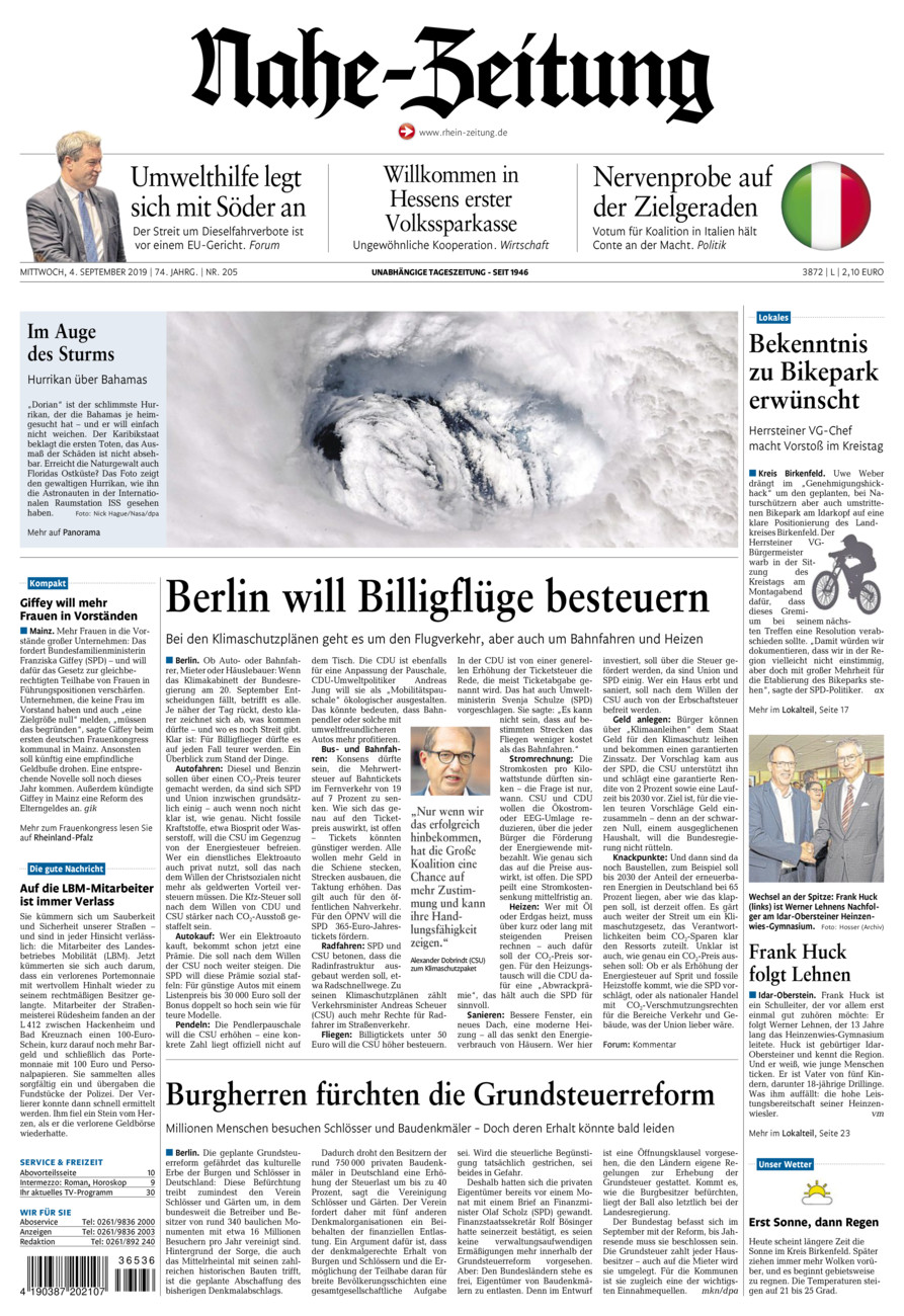 Nahe-Zeitung vom Mittwoch, 04.09.2019