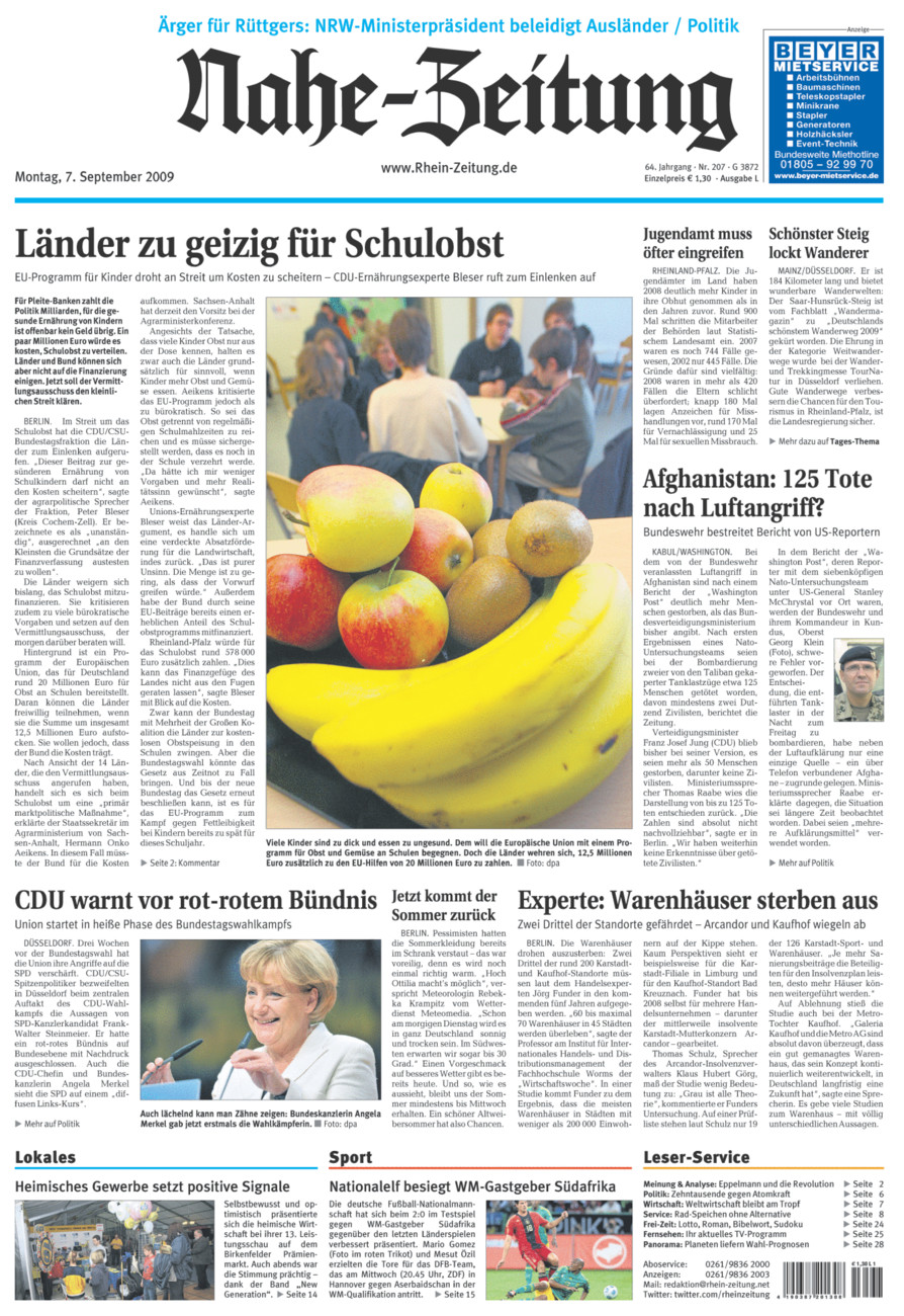 Nahe-Zeitung vom Montag, 07.09.2009