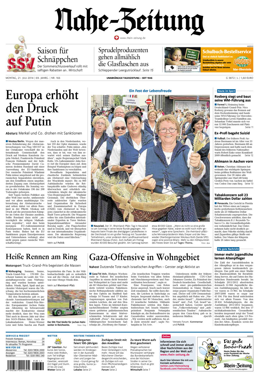 Nahe-Zeitung vom Montag, 21.07.2014