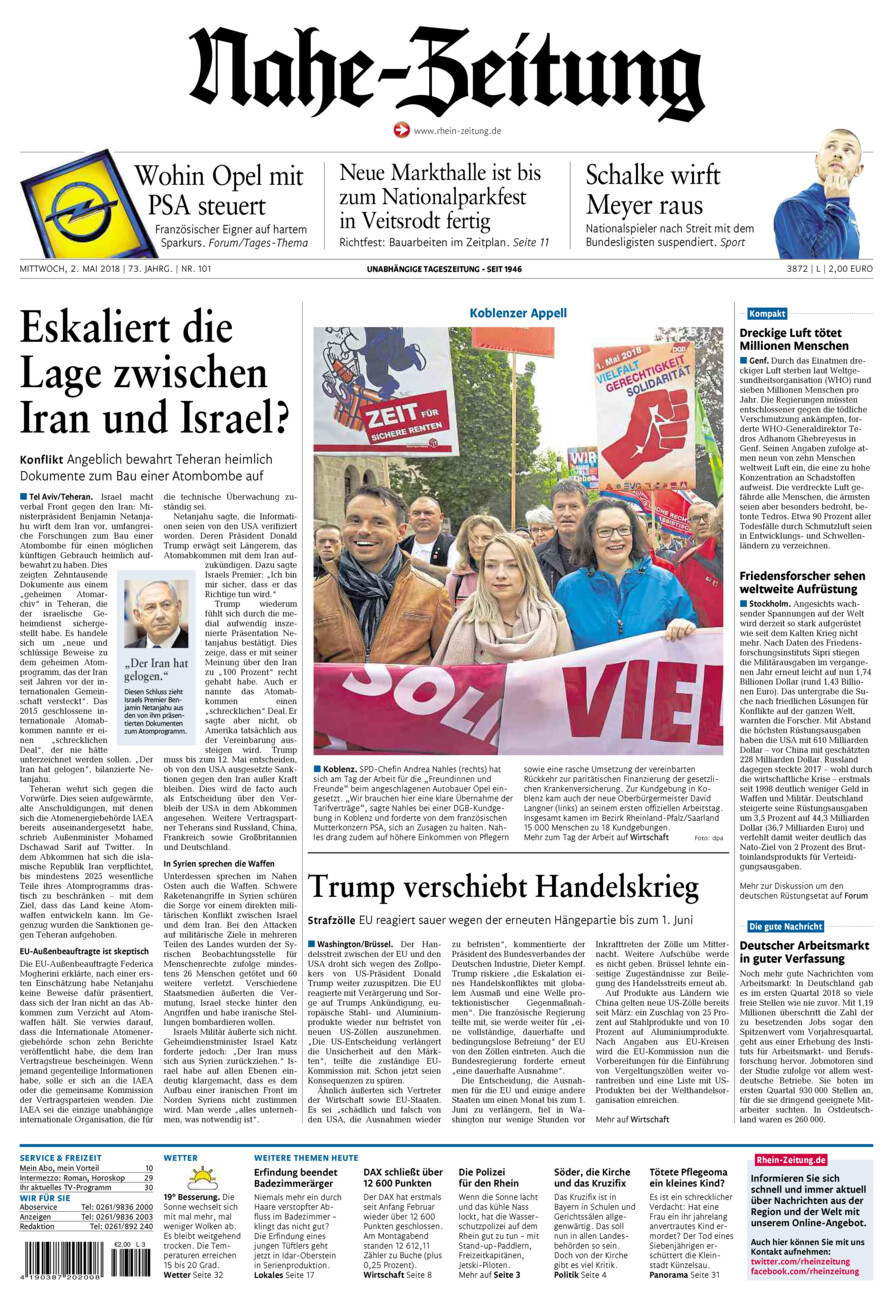 Nahe-Zeitung vom Mittwoch, 02.05.2018