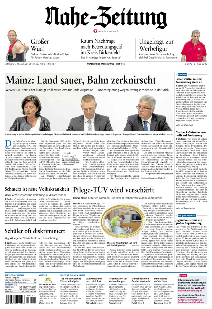 Nahe-Zeitung vom Mittwoch, 14.08.2013
