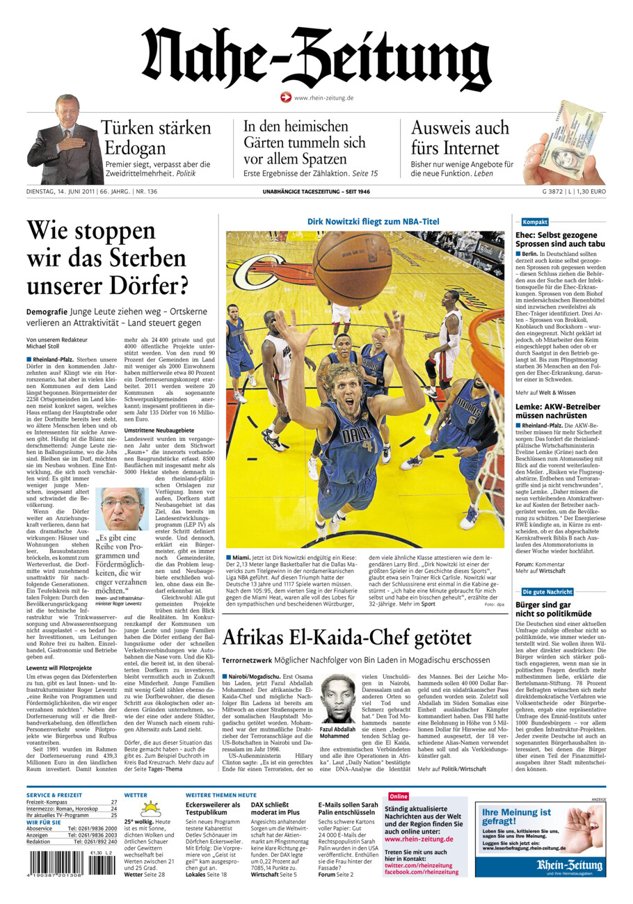 Nahe-Zeitung vom Dienstag, 14.06.2011