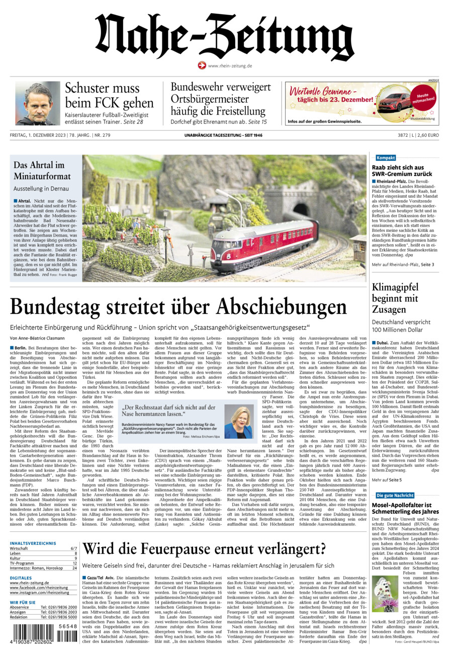Nahe-Zeitung vom Freitag, 01.12.2023