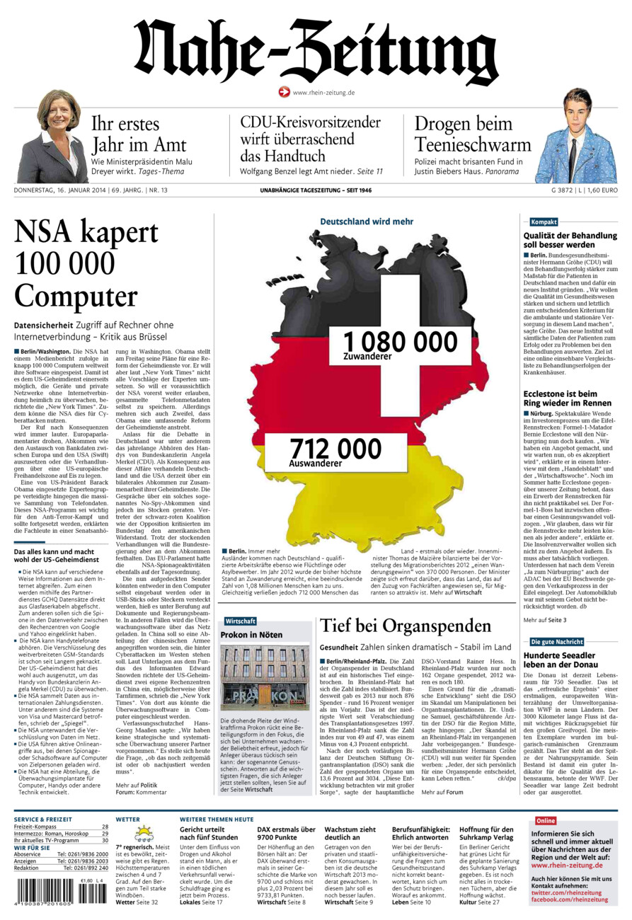 Nahe-Zeitung vom Donnerstag, 16.01.2014