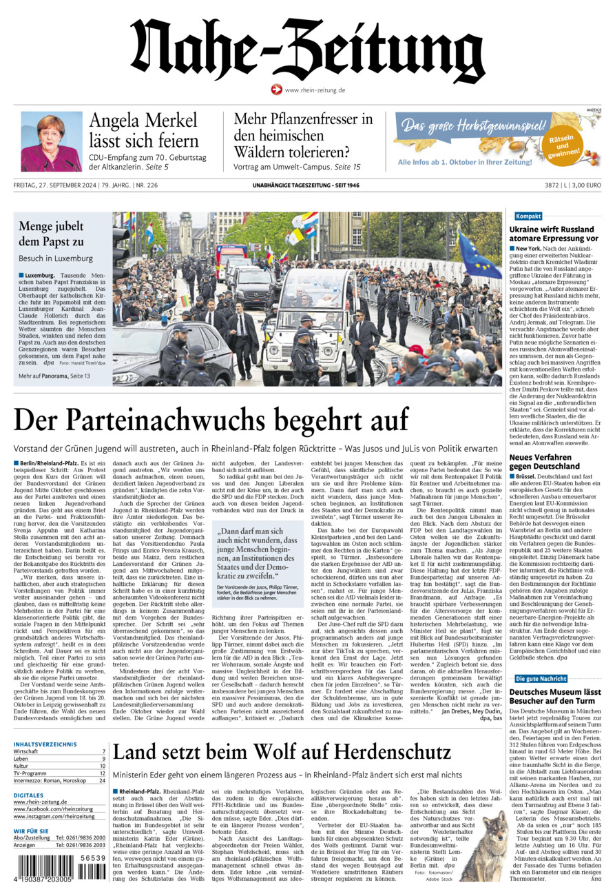 Nahe-Zeitung vom Freitag, 27.09.2024