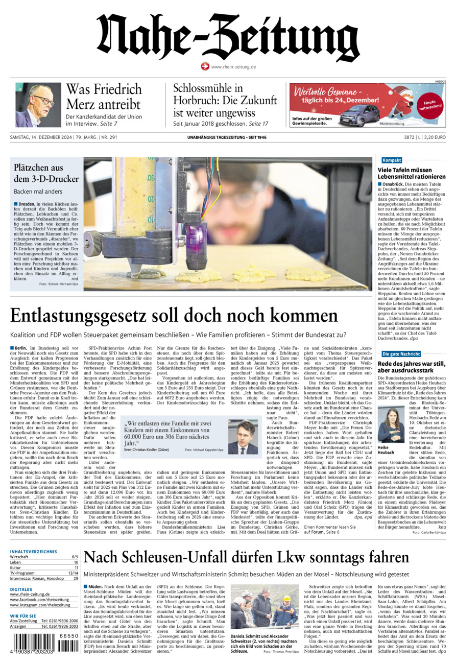 Nahe-Zeitung vom Samstag, 14.12.2024