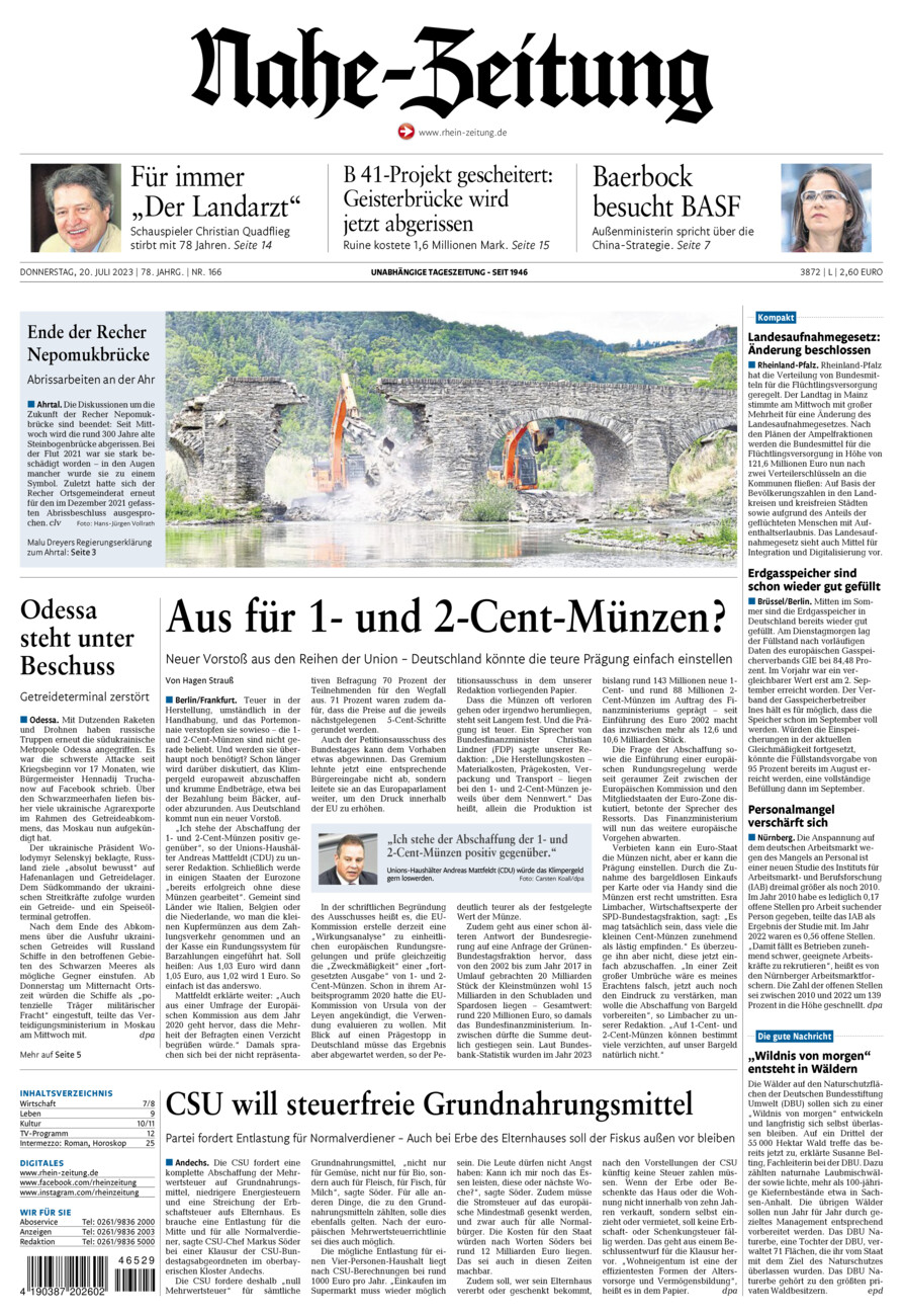 Nahe-Zeitung vom Donnerstag, 20.07.2023