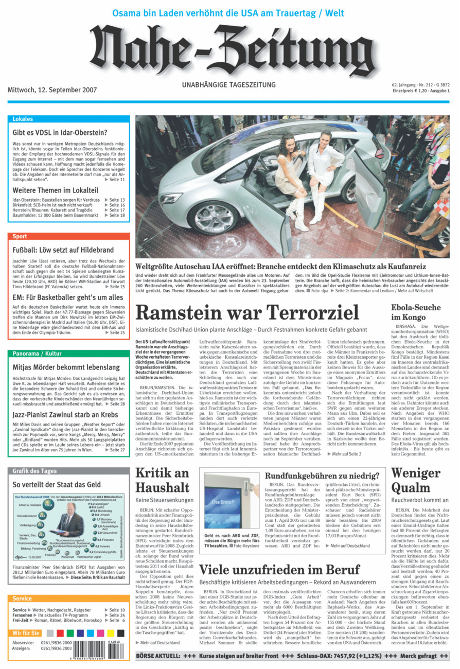 Nahe-Zeitung vom Mittwoch, 12.09.2007