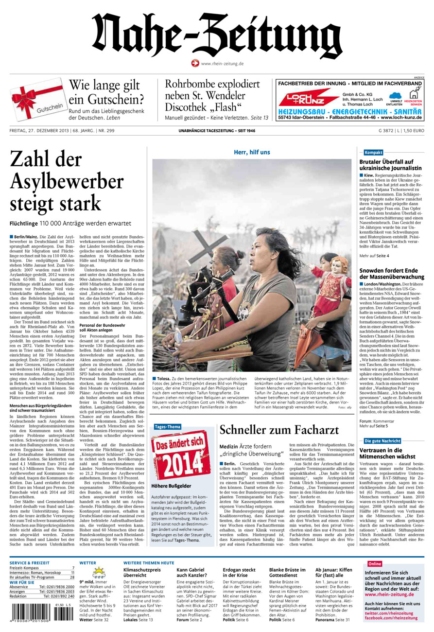 Nahe-Zeitung vom Freitag, 27.12.2013