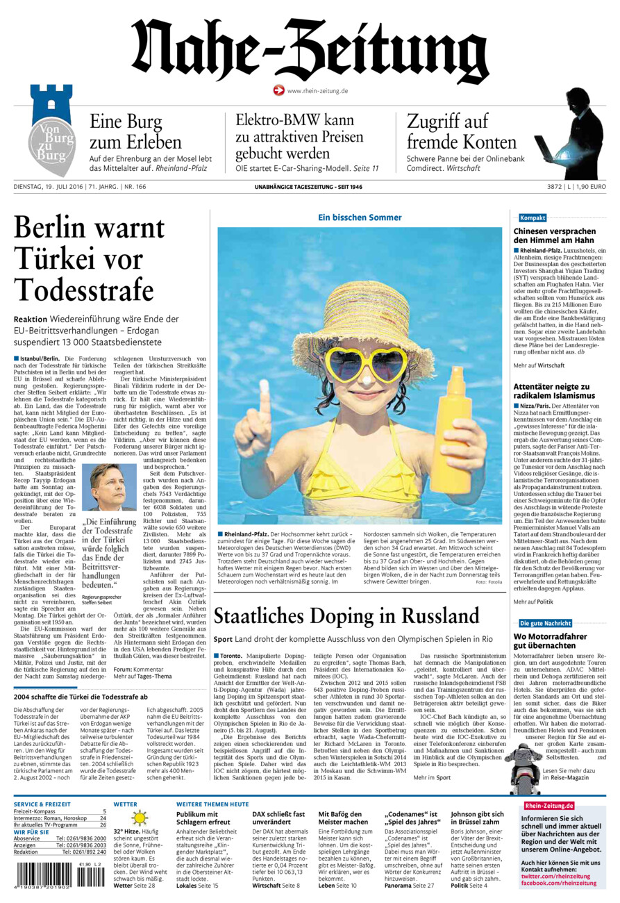 Nahe-Zeitung vom Dienstag, 19.07.2016