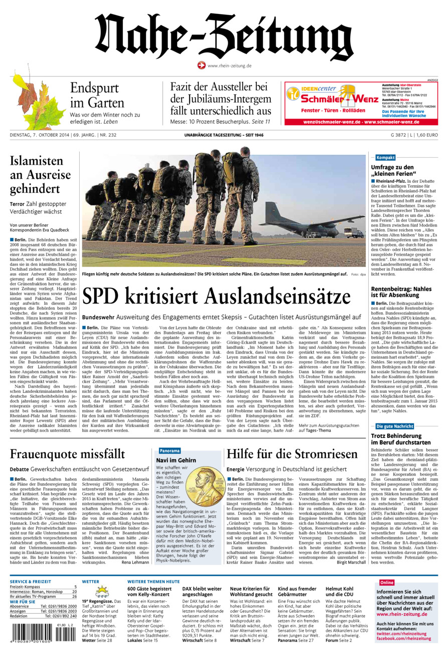 Nahe-Zeitung vom Dienstag, 07.10.2014