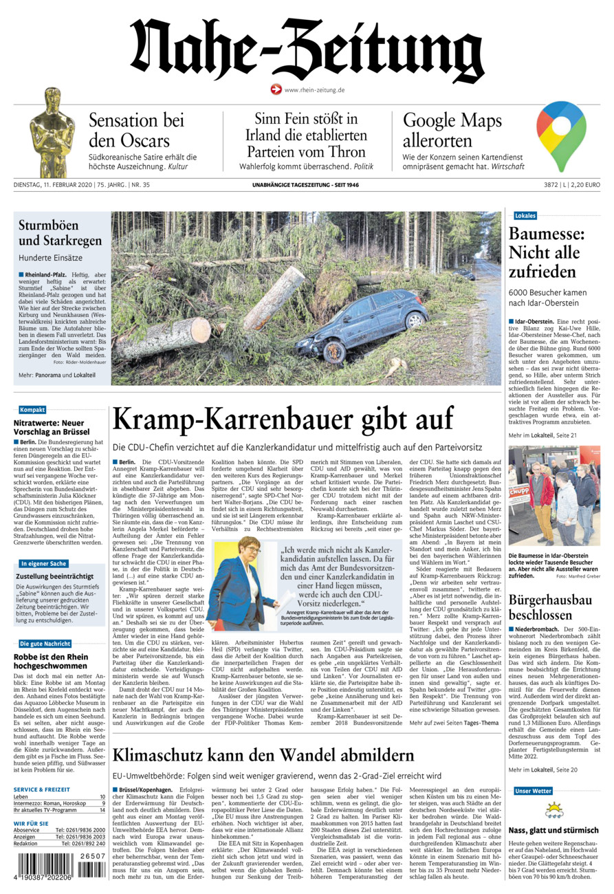 Nahe-Zeitung vom Dienstag, 11.02.2020