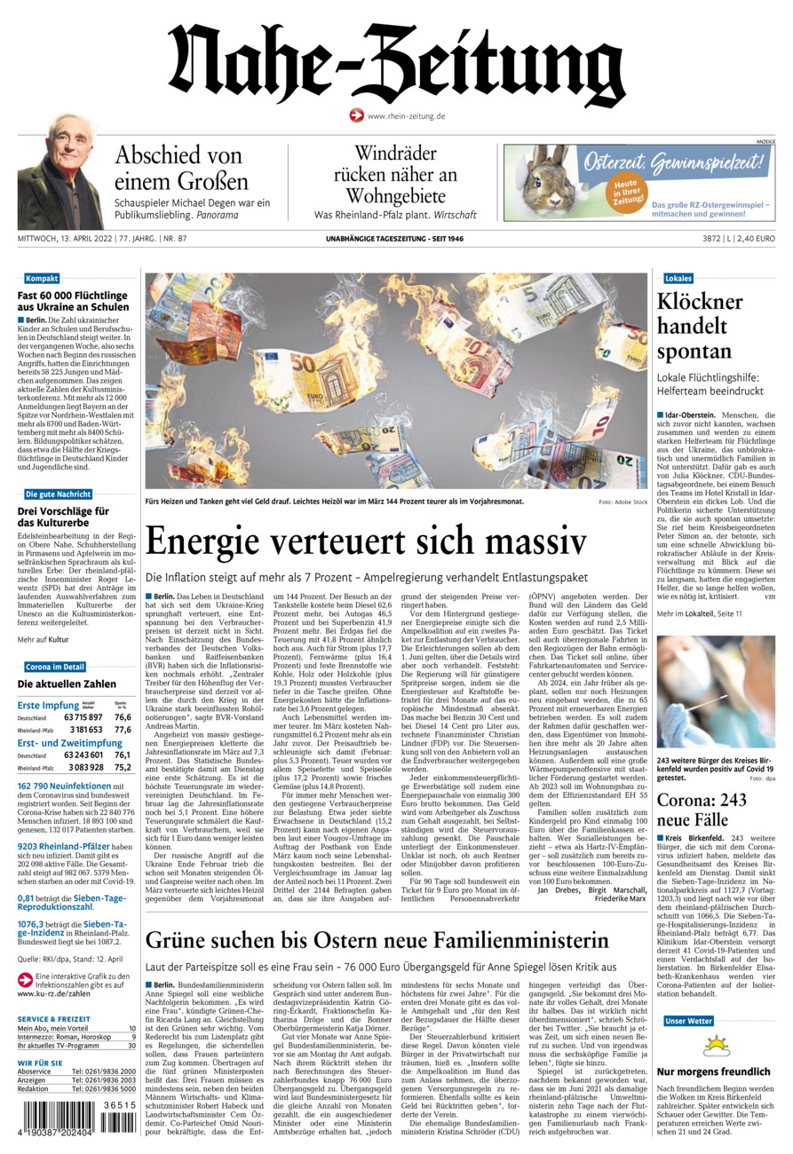 Nahe-Zeitung vom Mittwoch, 13.04.2022
