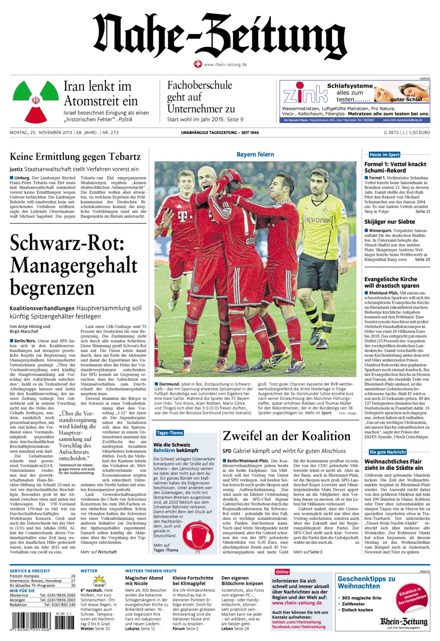 Nahe-Zeitung vom Montag, 25.11.2013