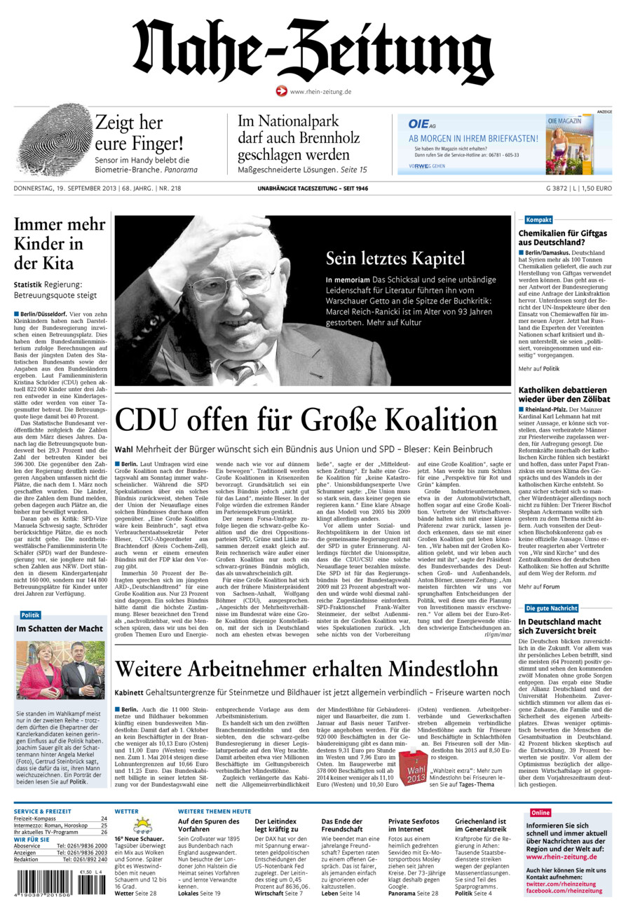 Nahe-Zeitung vom Donnerstag, 19.09.2013