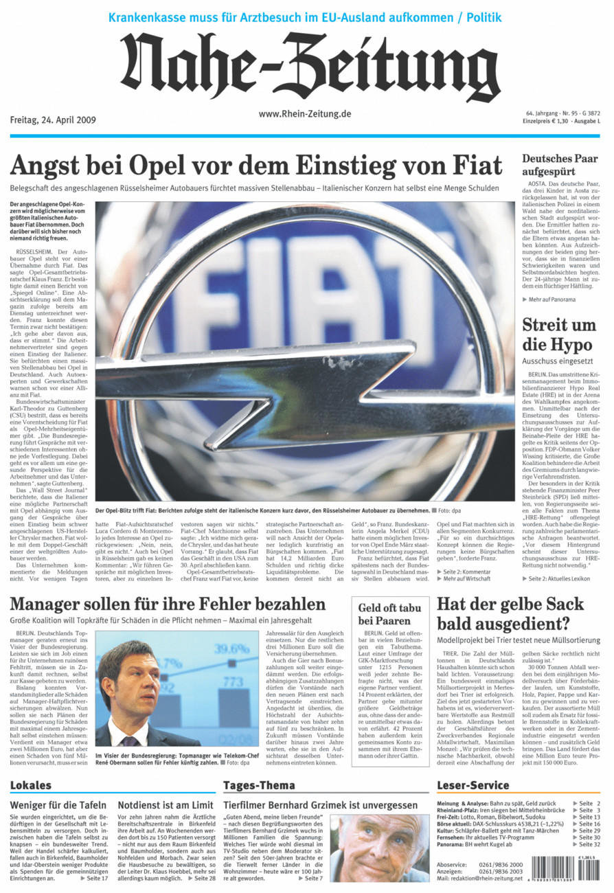 Nahe-Zeitung vom Freitag, 24.04.2009