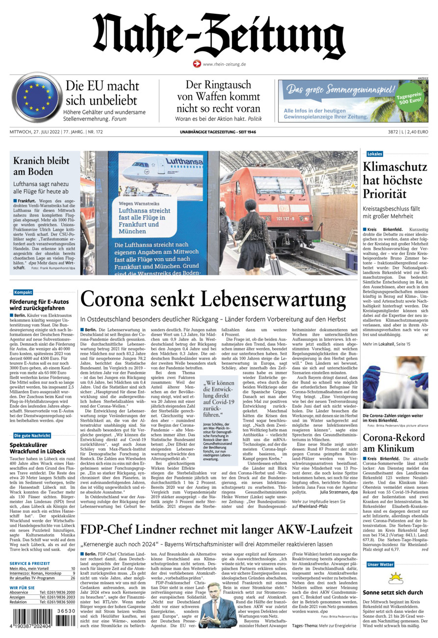 Nahe-Zeitung vom Mittwoch, 27.07.2022