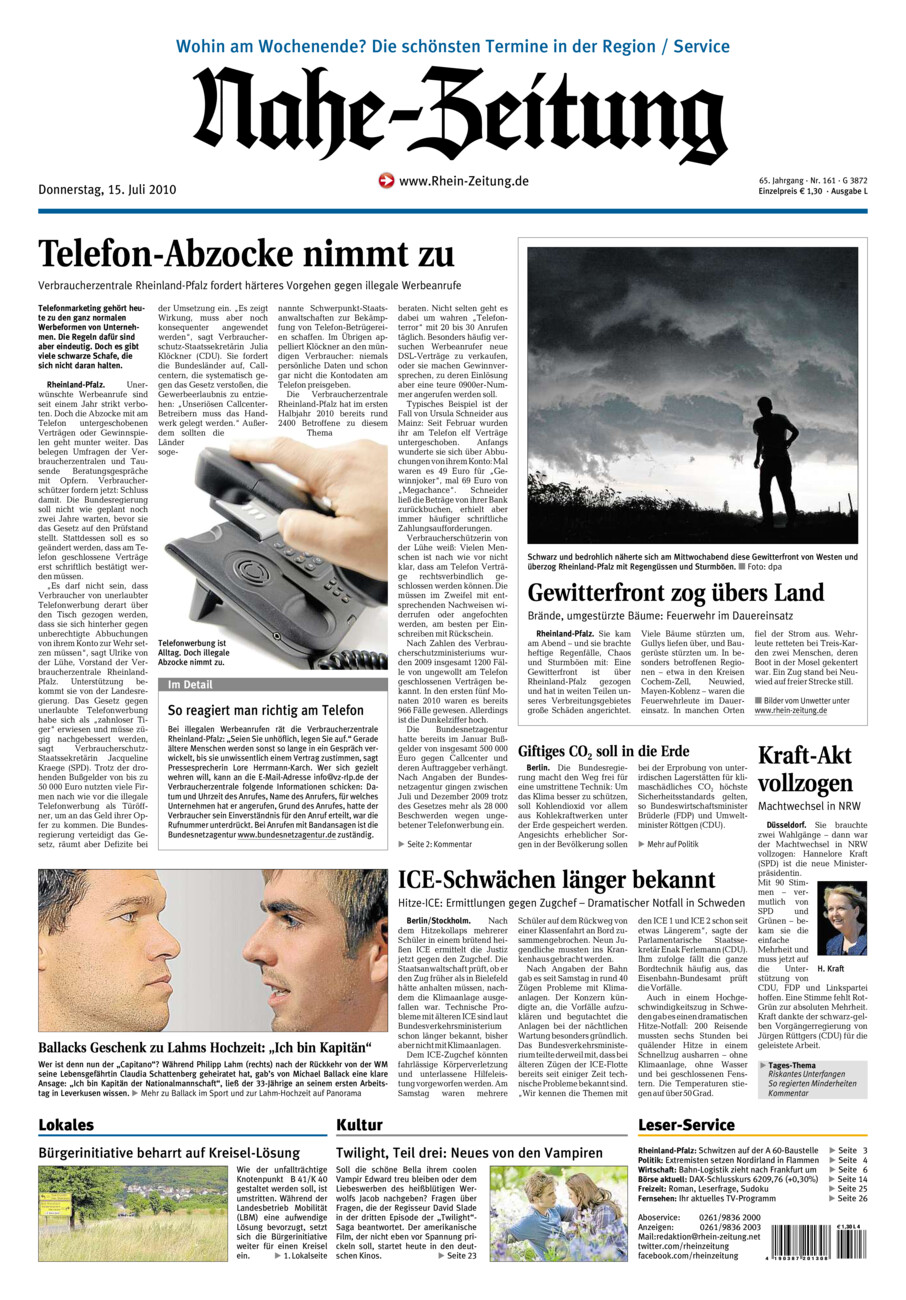 Nahe-Zeitung vom Donnerstag, 15.07.2010