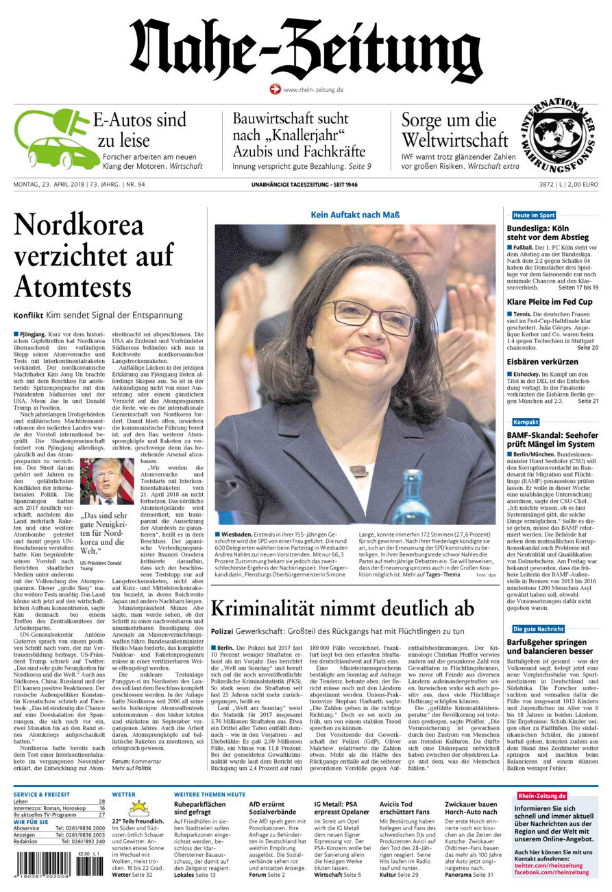 Nahe-Zeitung vom Montag, 23.04.2018