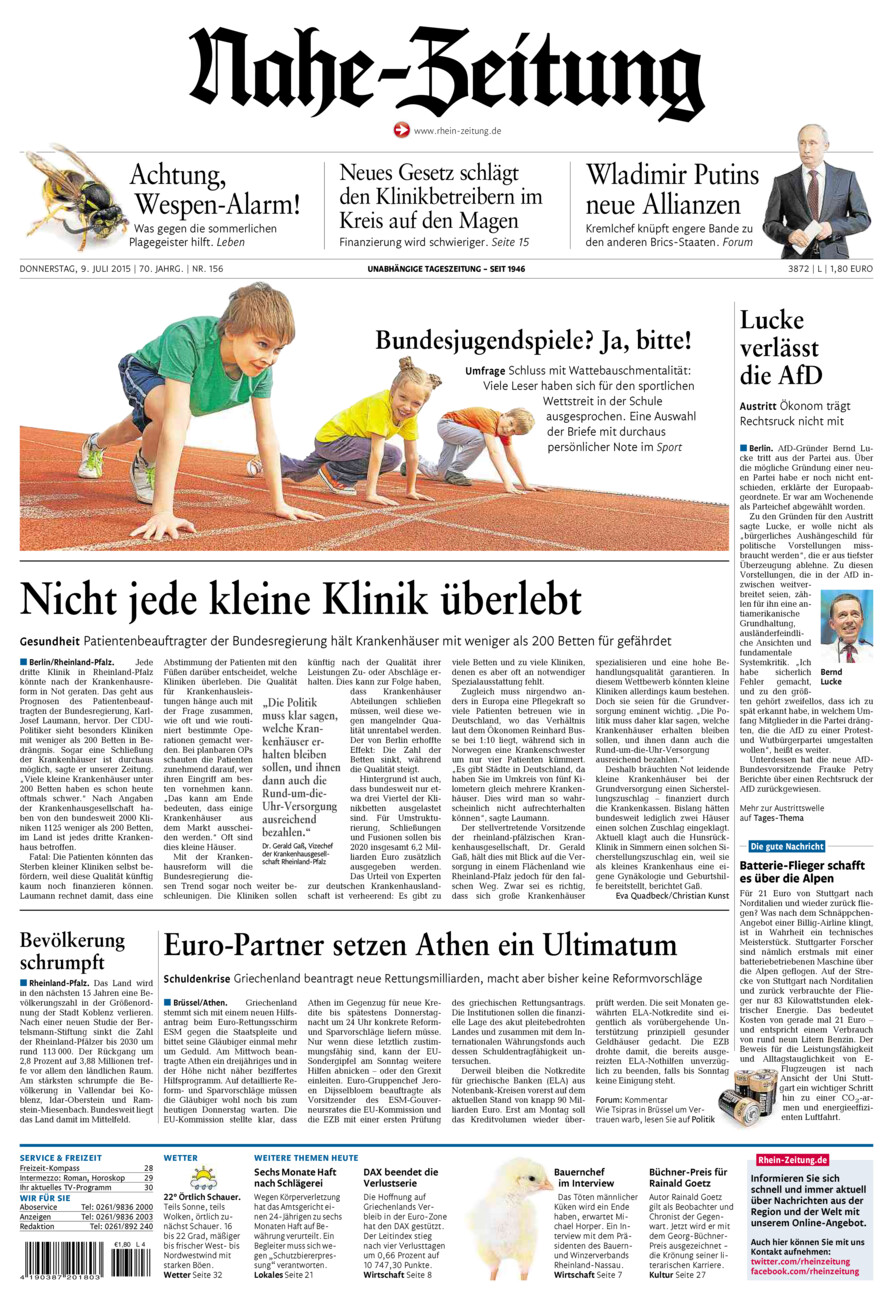 Nahe-Zeitung vom Donnerstag, 09.07.2015