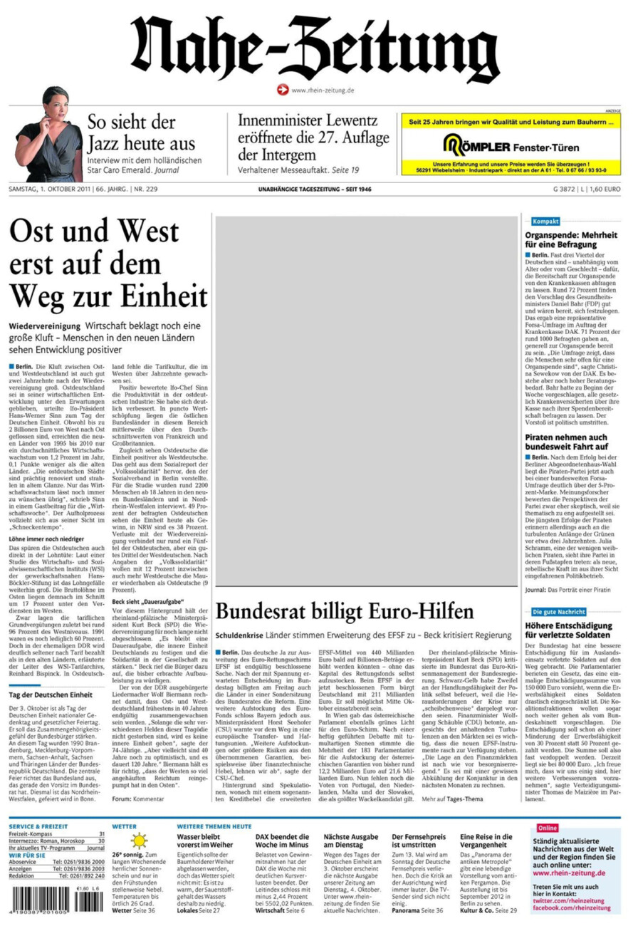 Nahe-Zeitung vom Samstag, 01.10.2011