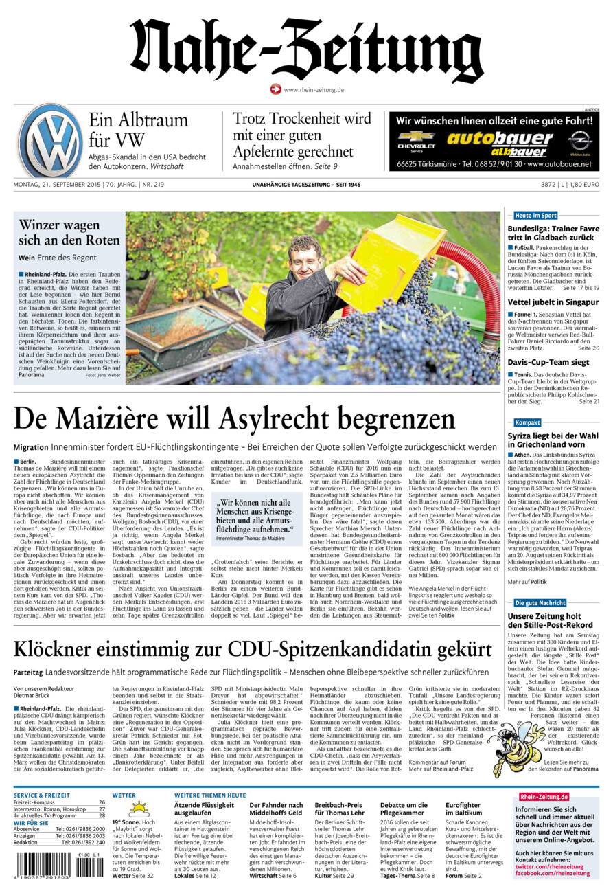Nahe-Zeitung vom Montag, 21.09.2015