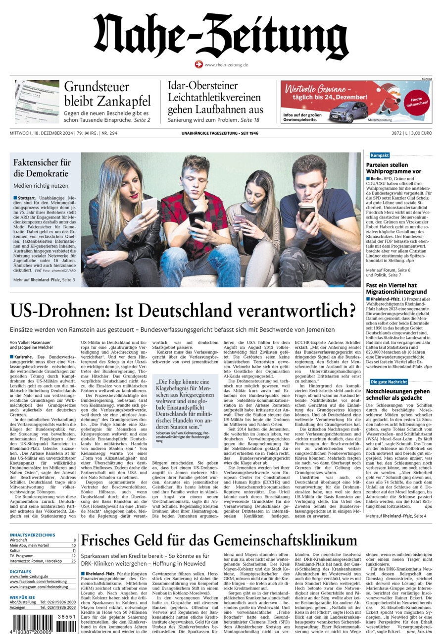 Nahe-Zeitung vom Mittwoch, 18.12.2024