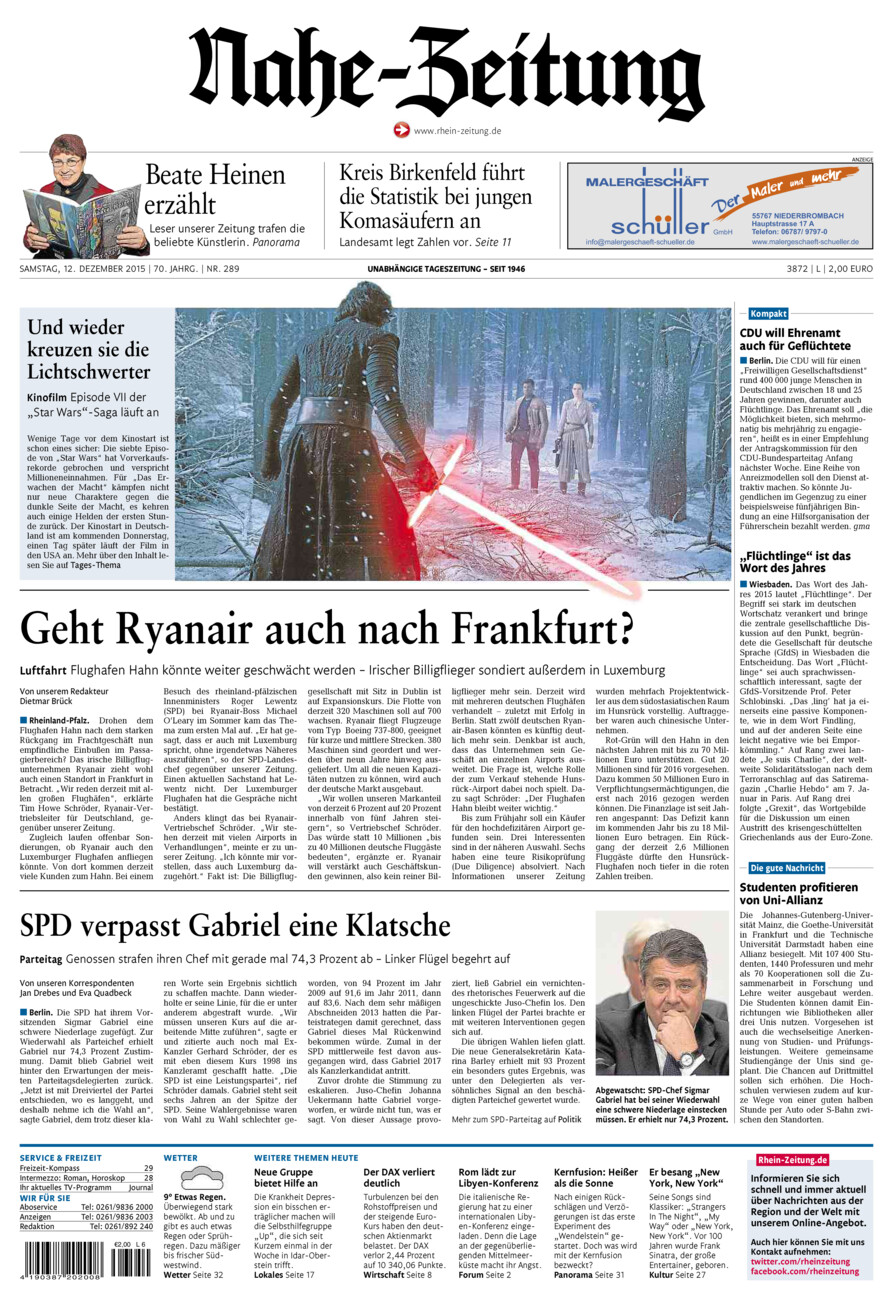 Nahe-Zeitung vom Samstag, 12.12.2015