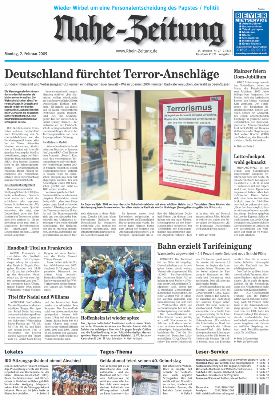 Nahe-Zeitung vom Montag, 02.02.2009