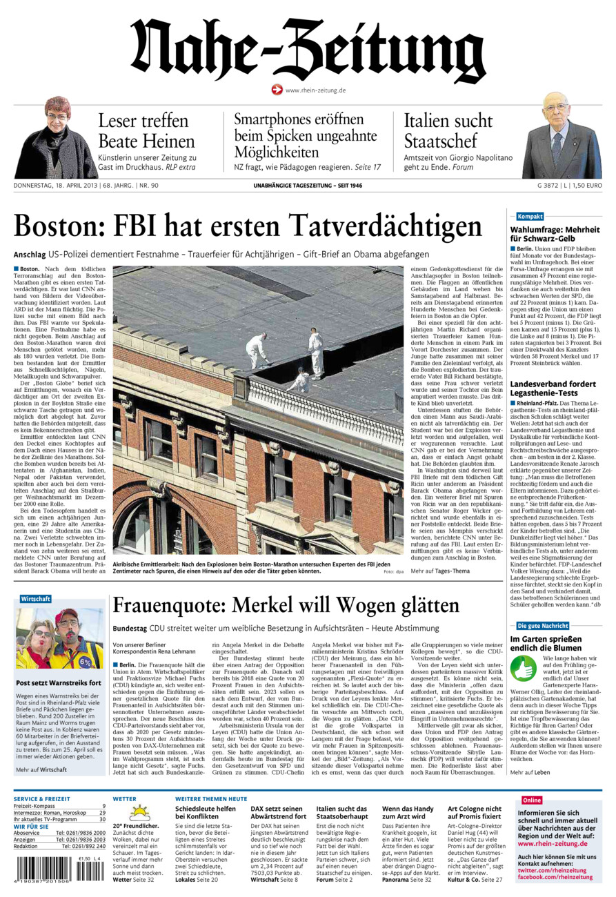 Nahe-Zeitung vom Donnerstag, 18.04.2013