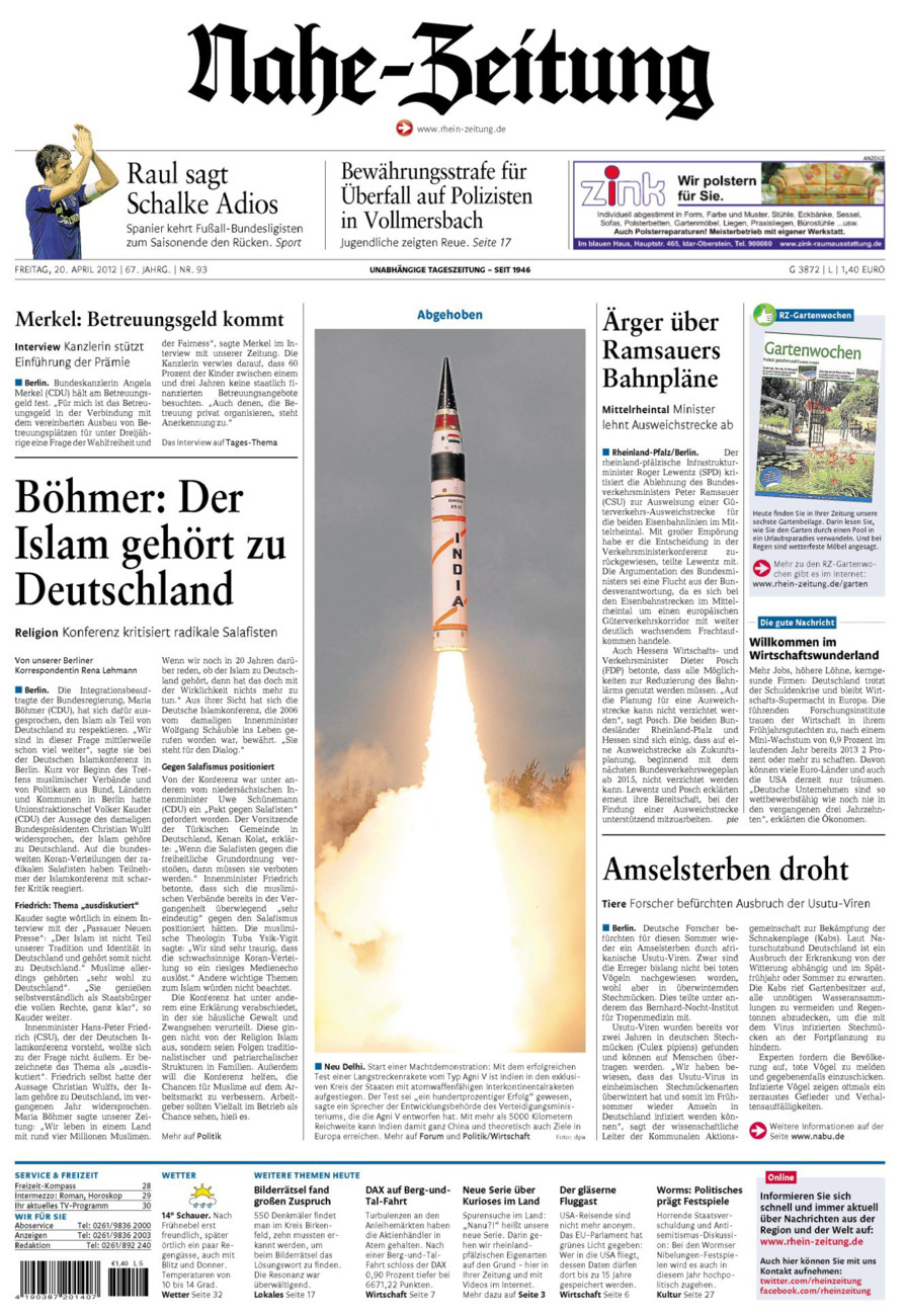 Nahe-Zeitung vom Freitag, 20.04.2012