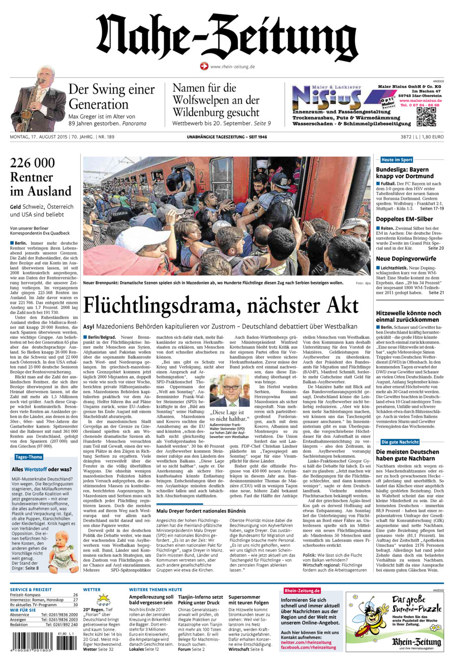 Nahe-Zeitung vom Montag, 17.08.2015