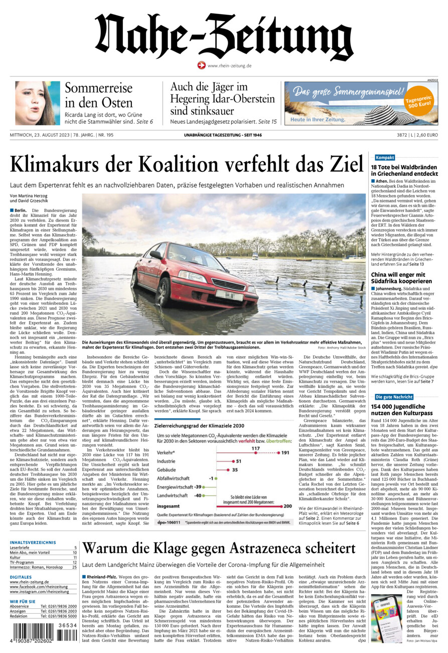 Nahe-Zeitung vom Mittwoch, 23.08.2023