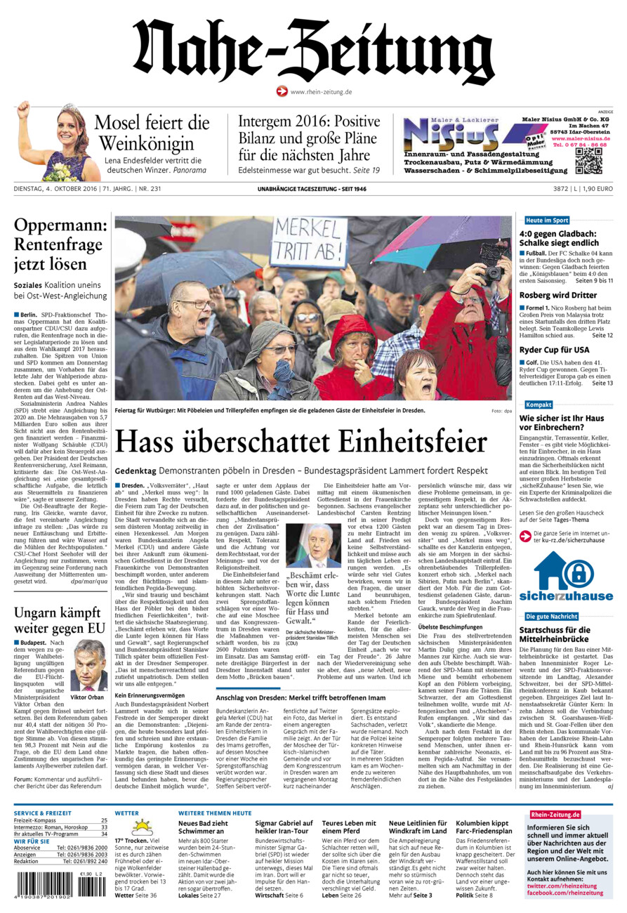 Nahe-Zeitung vom Dienstag, 04.10.2016