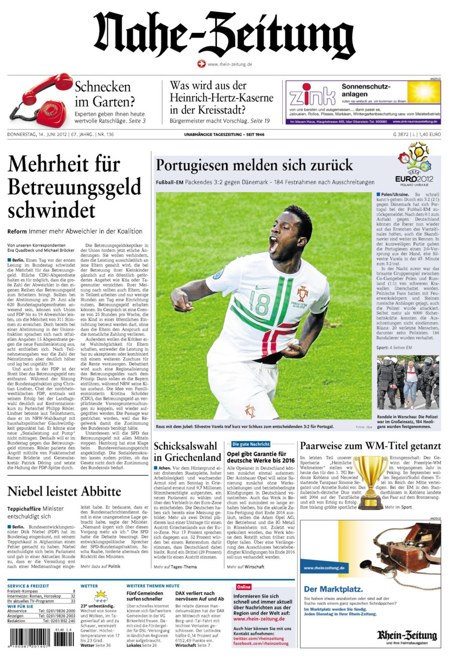 Nahe-Zeitung vom Donnerstag, 14.06.2012