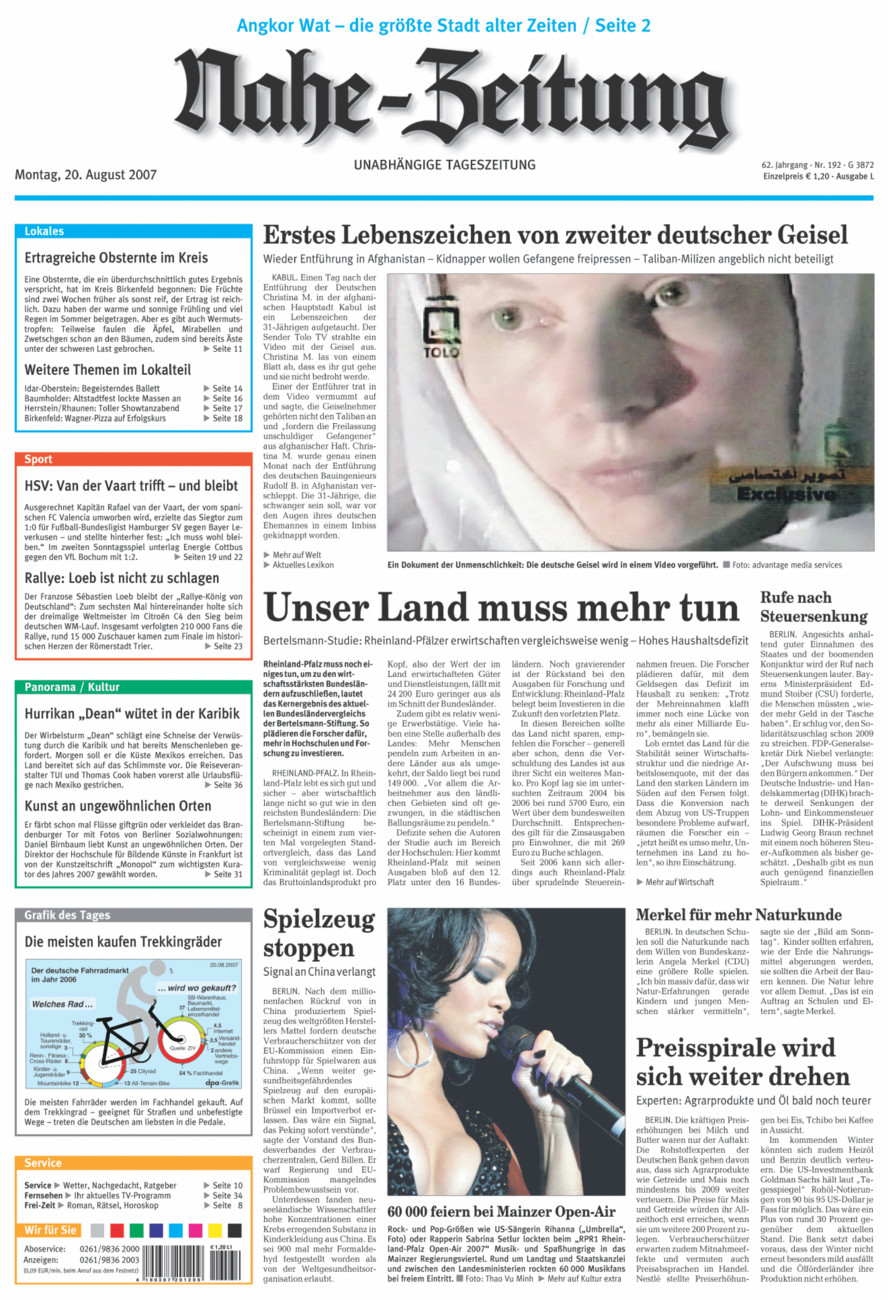 Nahe-Zeitung vom Montag, 20.08.2007