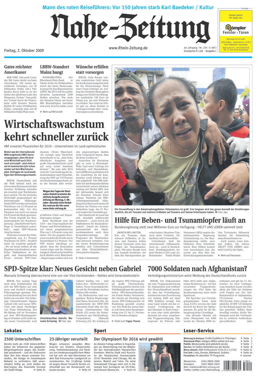 Nahe-Zeitung vom Freitag, 02.10.2009