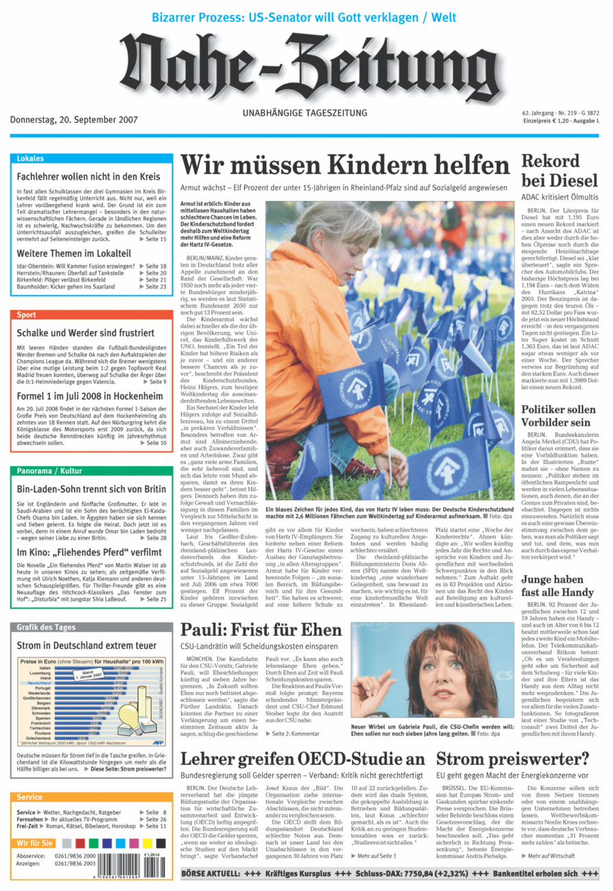 Nahe-Zeitung vom Donnerstag, 20.09.2007