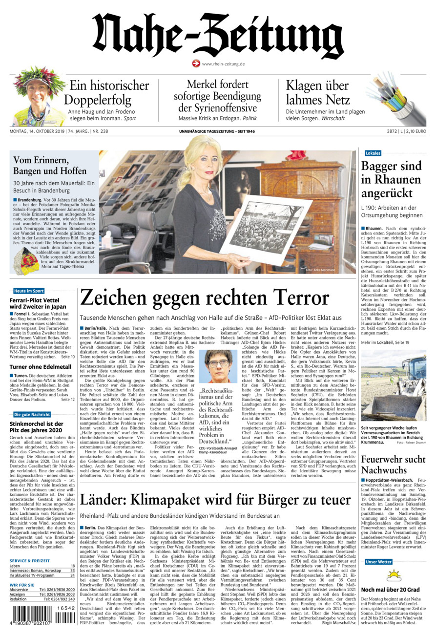 Nahe-Zeitung vom Montag, 14.10.2019