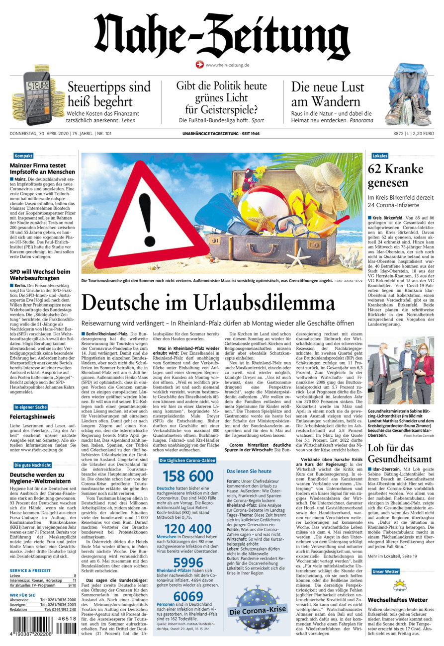 Nahe-Zeitung vom Donnerstag, 30.04.2020