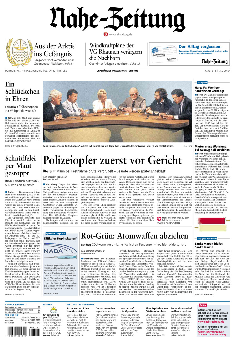 Nahe-Zeitung vom Donnerstag, 07.11.2013