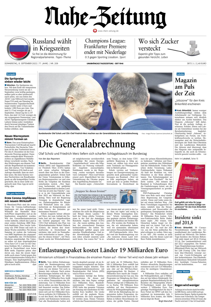Nahe-Zeitung vom Donnerstag, 08.09.2022