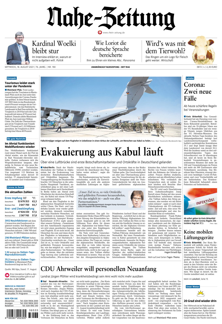 Nahe-Zeitung vom Mittwoch, 18.08.2021