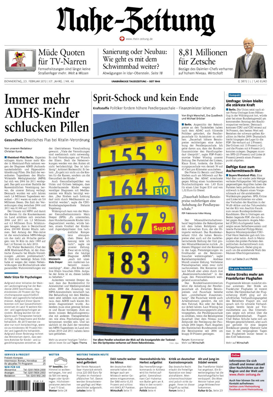 Nahe-Zeitung vom Donnerstag, 23.02.2012