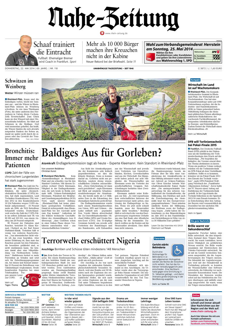 Nahe-Zeitung vom Donnerstag, 22.05.2014