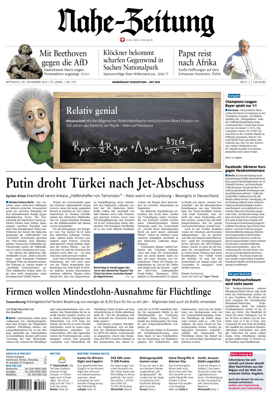 Nahe-Zeitung vom Mittwoch, 25.11.2015
